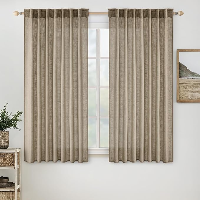 MIULEE Taupe Grey Linen Curtains 54 Inch Length 2 Panels for Bedroom Living Room, Soft Linen Textured Window Drapes Semi Sheer Light Filtering Back Tab Rod Pocket Farmhouse Modern Burlap Look Decor