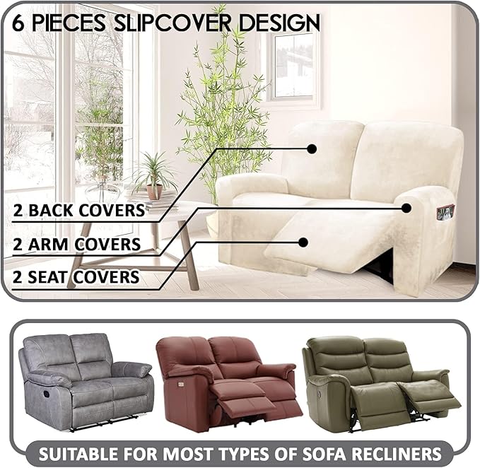 ULTICOR Reclining Love Seat Slipcover, 48" - 65" L, 6-Piece Velvet Stretch Loveseat Reclining Sofa Covers, 2 seat Love seat Recliner Cover, Thick, Soft, Washable (Ivory)