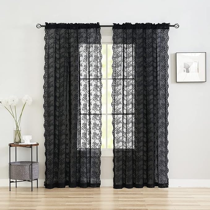 YJ YANJUN Vintage Lace Curtains 84 Inches Long-Victorian Floral Pattern Black Sheer Curtain Panels for Living Room Bedroom,Light Filtering, Gothic Witchy Halloween Drapes 2 Panels 52W x 84L