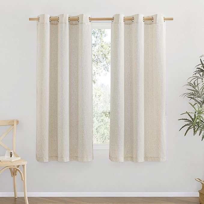 NICETOWN Thick Linen Blend Curtains Flax Textured for Bedroom, Rustic Grommet Semi Sheer Privacy Added Window Curtains & Drapes Light Filtering for Nursery, Natural, W34 x L63, Set of 2