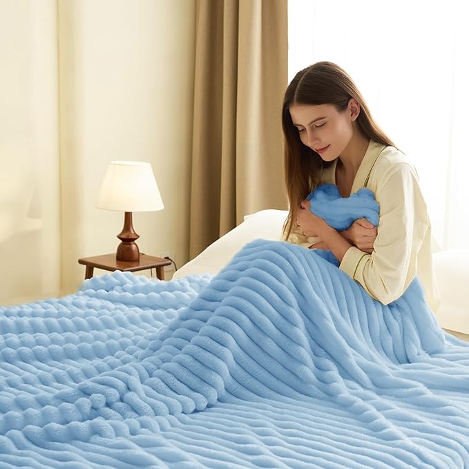 HIMEET Light Blue Ribbed Throw Blanket for Couch - 300GSM Lightweight Soft Fleece Blanket for Women Men, Cozy Blankets for Mothers Gifts, Striped Spring Home Room Decor, Light Blue, 50x60 Inches