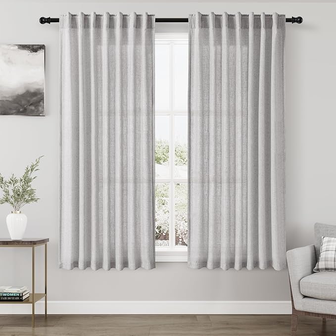 Nanspring Grey Linen Curtains 63 Inches Length 2 Panels Set for Living Room Back Tab Pocket Modern Light Filtering Semi Sheer Drapes Cotton Linen Textured Grey Window Curtain 52X63 Inches