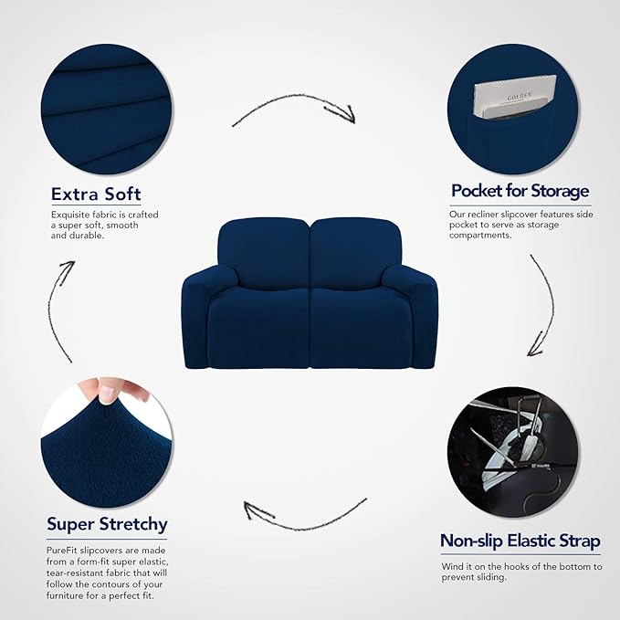 PureFit Super Stretch Loveseat Recliner Sofa Couch Cover with Pocket – 2 Seats Non Slip Soft Sofa Slipcover, Washable Reclining Furniture Protector for Kids, Pets (Recliner Loveseat, Navy)