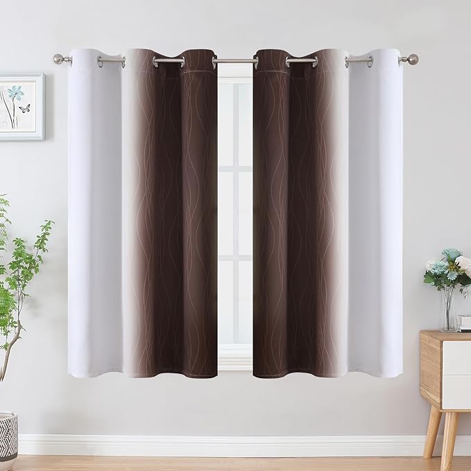 Estelar Textiler Brown and Greyish White Ombre Blackout Curtains 45 Inch Length 2 Panels, Full Room Darkening Gradient Drapes for Kitchen, Thermal Insulated Grommet Short Curtains for Bathroom,42Wx45L