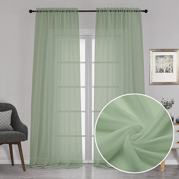 Chyhomenyc Extra Long Sage Green Voile Sheer Curtains 120 Inches Long 2 Pack, Window Drapes for Wedding Arch/Birthday Party/Hallway Window Guest Room Country House, 42Wx120L inch, 10FT L