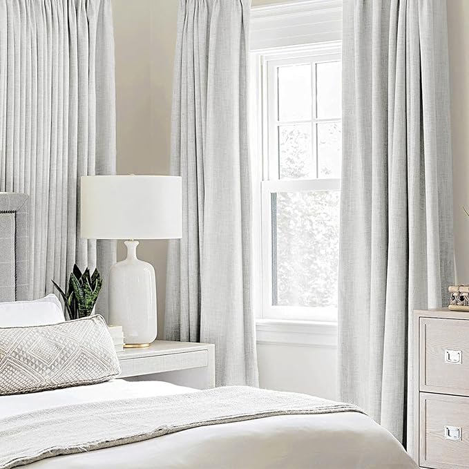 MIULEE 100% Blackout Linen Textured Curtains for Bedroom Solid Thermal Insulated Heathered White Grommet Room Darkening Curtains & Drapes Luxury Decor for Living Room Nursery 52 x 96 Inch (2 Panels)