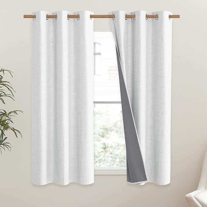NICETOWN 100% Absolutely Blackout Linen Curtains with Thermal Insulated Liner, Greyish White, 42" Wide, 54" Length Energy Saving Curtains for Dining Room 2 Panels Set, Vertical Blinds