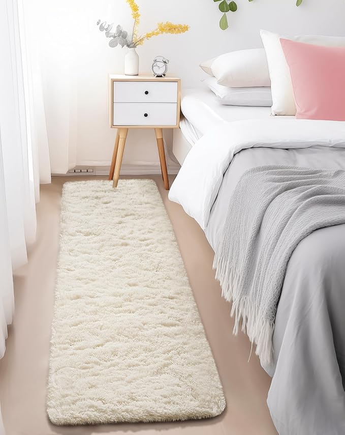 Ophanie Runner Rug for Hallway, 2x6 Upgrade Non-Slip Fluffy Soft Bedside Rugs, Bedroom Living Room Ivory Shaggy Carpet for Kids Girls Boys Dorm Nursery Home Decor Aesthetic