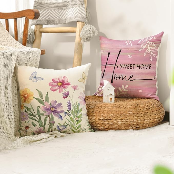 AVOIN colorlife Spring Saying Flowers Butterfly Pink Throw Pillow Covers, 16 x 16 Inch Home Sweet Home Cushion Case for Sofa Couch Set of 4