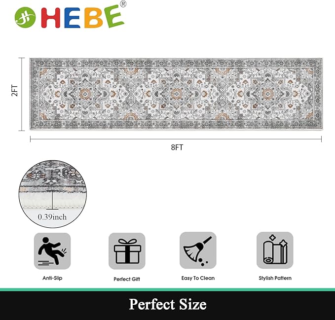 HEBE Hallway Runner Rug 2'x8' Washable Vintage Distressed Area Rugs Non Slip Laundry Rug Runner Boho Floor Carpet Runners for Hallways Entryway Laundry Room Kitchen Bathroom