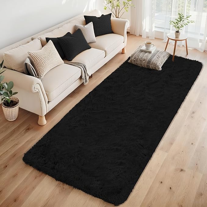 2x6 Runner Rug for Bedroom: Fluffy Shag Soft Washable Rugs Small Fuzzy Plush Indoor Carpet for Hallway Bedside Dorm Kids Girls Boys Room (Black, 2'x6')