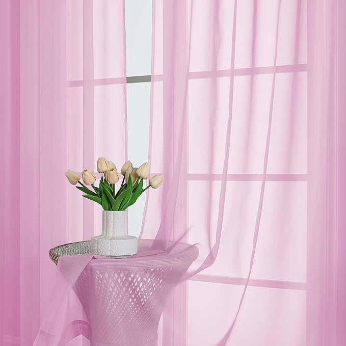 OWENIE Sheer Pink Curtains, Sheer Curtains 63 inch Length 2 Panels Set, Rod Pocket Voile Fimly Sheer Drapes for Living Room Bedroom, 2pcs, Pink, Each 59" W x 63" L