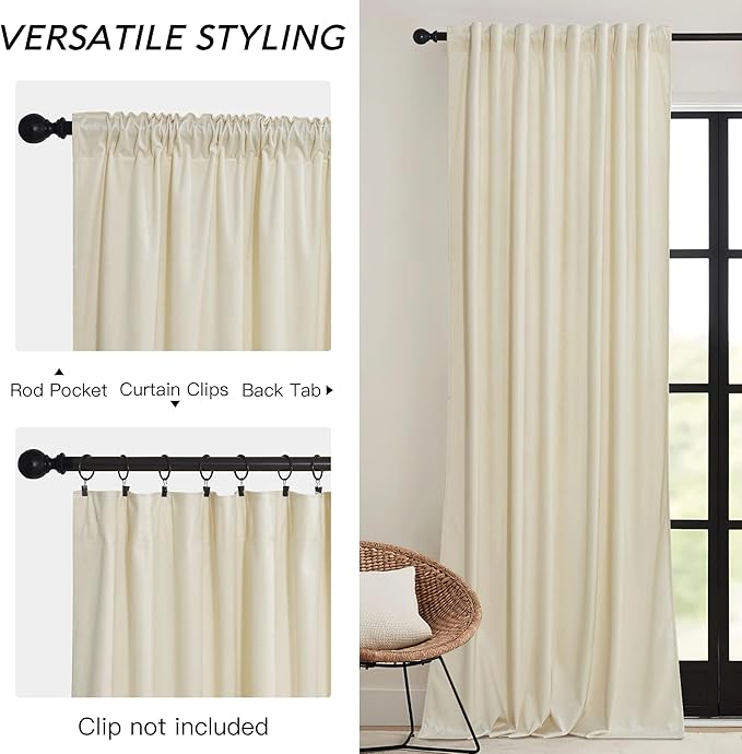 RYB HOME Beige Velvet Curtains 102 inches with Hook Belt, Soft Fabric Room Darkening Thermal Insulated Luxurious Home Decor Curtains for Living Room Bedroom, W 52" x L 102", 2 Panels Set