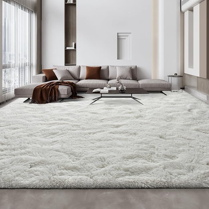 Deerhoo Large Shag Area Rugs 10 x 14, Tie-Dyed Plush Fuzzy Rug for Living Room, Ultra Soft Fluffy Furry Rugs for Bedroom, Anti-Skid Indoor Carpet Nursery Rugs for Kids Room Home Decor, White