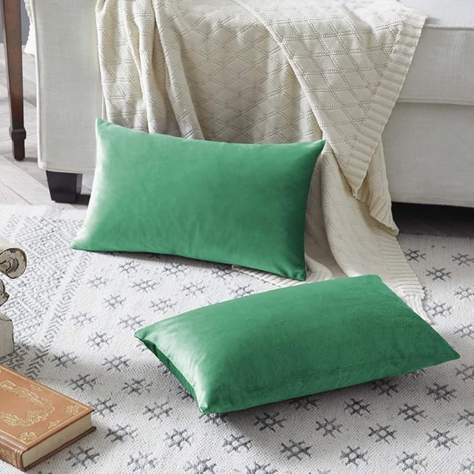 GIGIZAZA Mint Turquoise Velvet Decorative Throw Pillow Covers 12x20 for Sofa Bed 2 Pack Soft Lumbar Cushion Cover