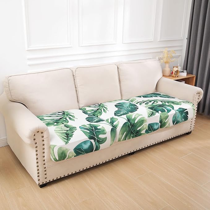 hyha Printed Couch Cushion Covers, Floral Sofa Covers Washable for 3 Cushion Couch, Stretch Pattern Outdoor Cushion Covers for Patio Furniture with Elastic Bottom(3 Packs, Monstera Deliciosa)