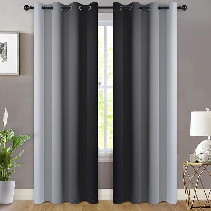 Yakamok Light Blocking Ombre Curtains, Greyish White and Black Gradient Color Curtains, Room Darkening Grommet Window Drapes for Bedroom(Black, 52x90 Inch, 2 Panels)