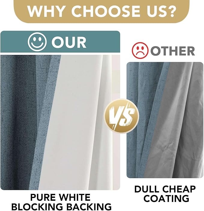 H.VERSAILTEX Linen Blackout Curtains 45 Inches Long 100% Blackout Thermal Insulated Textured Linen Look Curtain Draperies Anti-Rust Grommet, Energy Saving with White Liner, 2 Panels, Stone Blue