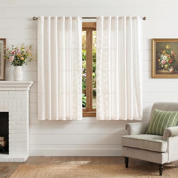 jinchan Belrose Linen Floral Cafe Curtains 54 Inch Length Embroidered Farmhouse Curtains for Kitchen Bedroom Bathroom Small Windows Curtain Set Light Filtering 2 Panels White
