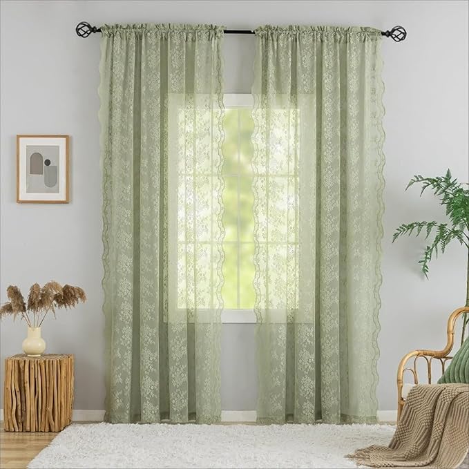 YJ YANJUN Vintage Lace Curtains 120 Inch Length-Victorian Floral Pattern Sage Green Sheer Curtains for Big Window 10 FT Tall Spring Bohemian Cottage Core Decor 52 x 120 Inch Sage 2 Panels