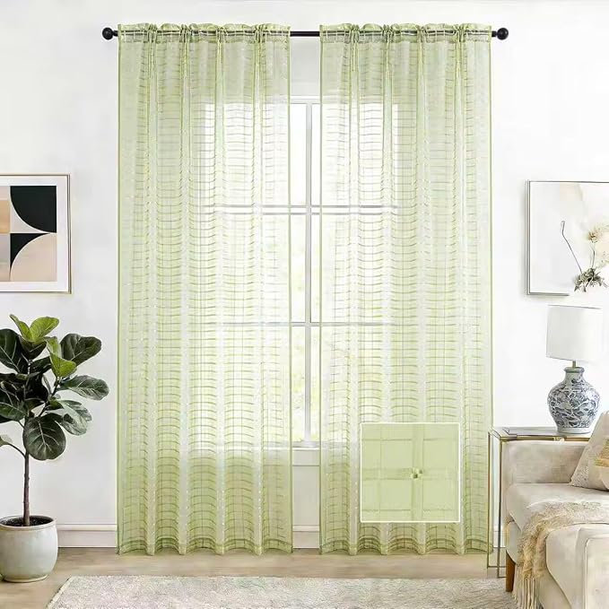 SpaceDresser Check Sheer Curtains 72 Inches 2 Panels Set, Rod Pocket Plaid Window Curtain for Living Room, Sage Green Semi Sheer Drapes for Kitchen Bedroom Children Room Yard（Sage Green, 52W x 72L）