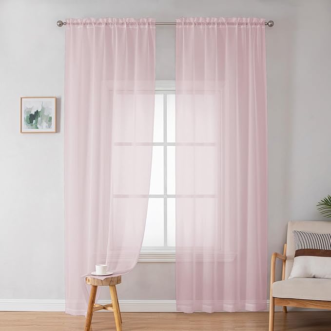 OWENIE Sheer Curtain 72 Inches Long 2 Panels Set, Elegant Airy Transparent Rod Pocket Sheer French Door Curtains & Drapes for Living Room Bedroom, Blush Sheer Window Treatments, 42WX72L inch