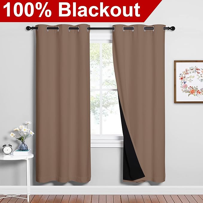 NICETOWN Living Room Completely Shaded Draperies, Privacy Protection & Noise Reducing Ring Top Drapes, Black Lined Insulated Window Treatment Curtain Panels(Cappuccino, 2 Pieces, W42 x L72)