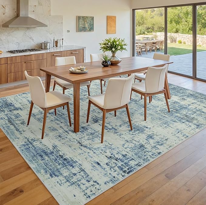 6x9 Area Rugs for Living Room Washable Rug: Anti-Skid Abstract Modern Living Room Rug Soft Thin Carpets Indoor Floor Non-Shedding Carpet for Bedroom Dining Farmhouse Nursery Blue Gray Gold