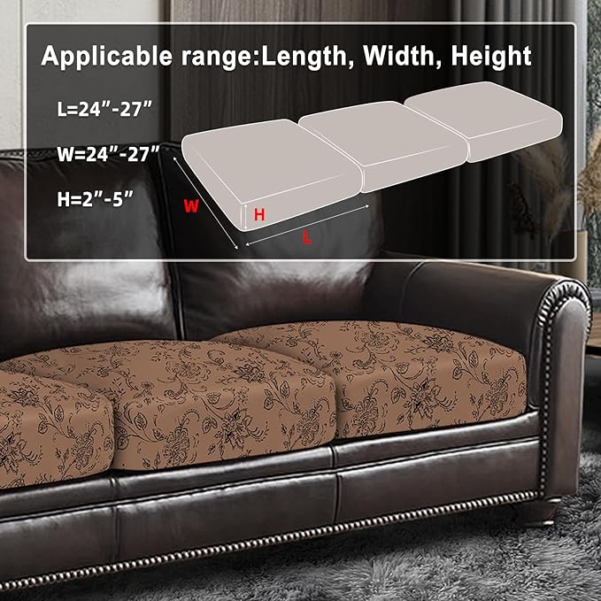 Leather Look Couch Cushion Covers Sofa Seat Slipcovers Sets Couches Furniture Protector for Sectional Armchair Loveseat Pets Kids Stretch Spandex Fabric (3 Cushion Sofa, Brown 02Flower)
