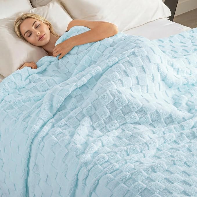 Exclusivo Mezcla Twin Size Flannel Fleece Blanket, Super Soft and Warm Lightweight Checkered Pattern Blankets for All Seasons, 60x80 Inches, Light Blue