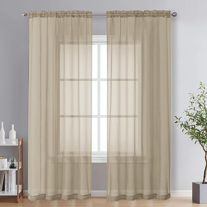 OVZME Taupe Sheer Curtains 84 Inches Long 2 Panels - Soft Light Filtering Window Sheer Panels for Living Room/Bedroom, Top Dual Rod Pocket, 1 Pair, Each 42Wx84L Inches