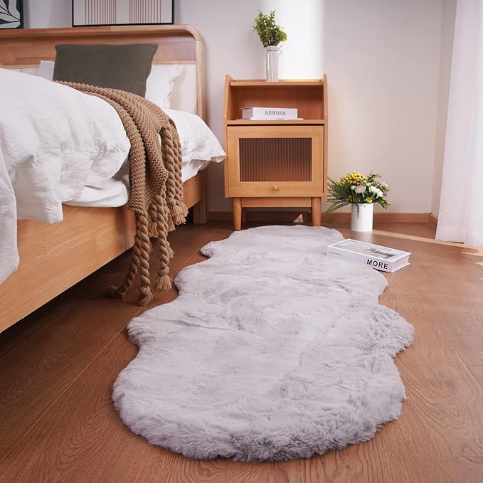 Ghouse Soft Faux Sheepskin Fur Rug Runner Rug 2x6 Grey Fluffy Bedside Plush Shag Nursery Carpet Area Rugs for Living Room Bedroom Playing Room Decor
