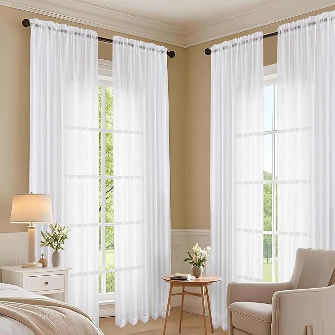 OVZME White Bedroom Curtains 96 Length for Farmhouse, 59 Inch Extra Wide Light Filtering Voile Drapes Light Airy Window Decor for Patio Door Living Room Bedroom Dining, 59Wx96L Inches