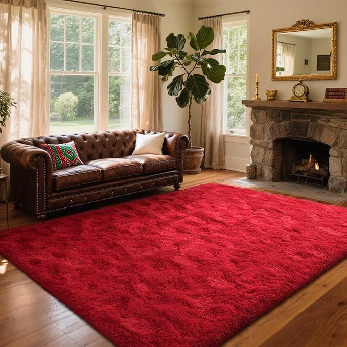 4x6 Ft Red Shag Rugs for Bedroom Living Room Decor, Ultra Soft Fluffy Furry Area Rug for Indoor Floor, Aesthetic Carpet for Home Nursery Dorm Decor
