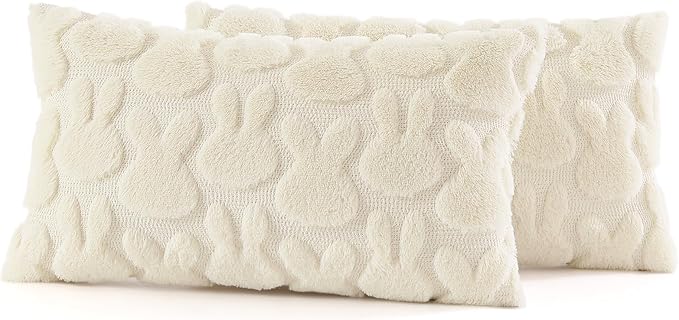 decorUhome Easter Bunny Pillow Covers 12x20 Inch Set of 2, Soft Plush Faux Wool Jacquard Beige Rabbit Cushion Covers, Farmhouse Neutral Spring Easter Holiday Decor for Couch Sofa Bed