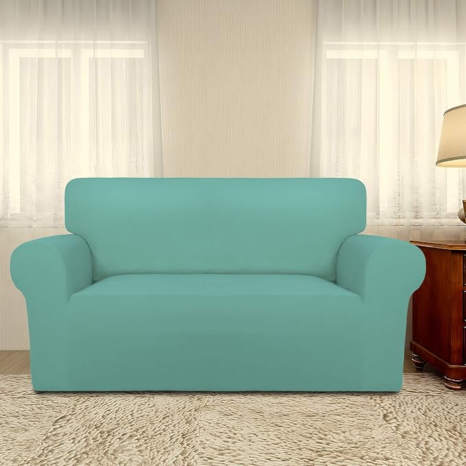 PureFit Super Stretch Sofa Slipcover – Spandex Non Slip Soft Couch Sofa Cover, Washable Furniture Protector with Non Skid Foam and Elastic Bottom for Kids, Pets （Loveseat, Cyan）