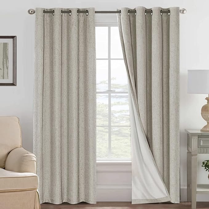 H.VERSAILTEX Linen Blackout Curtains 96 Inches, 100% Absolutely Blackout Thermal Insulated Textured Linen Look Curtain Draperies Anti-Rust Grommet with White Liner, 2 Panels, Stone