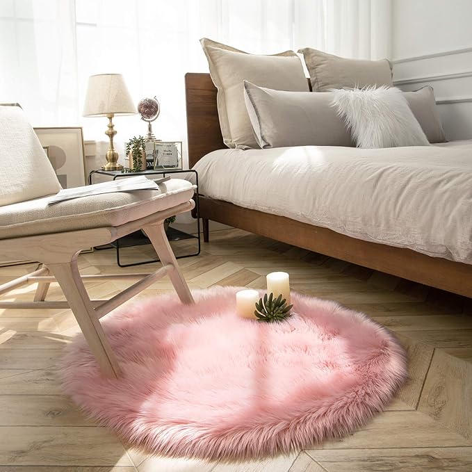 Ashler Faux Fur Rug, Pink Fluffy Shaggy Area Rug, Soft 3x3 Ft Round Sheepskin, Fuzzy Machine Washable Carpet, Nursery Rug for Kids Bedroom, Living Room
