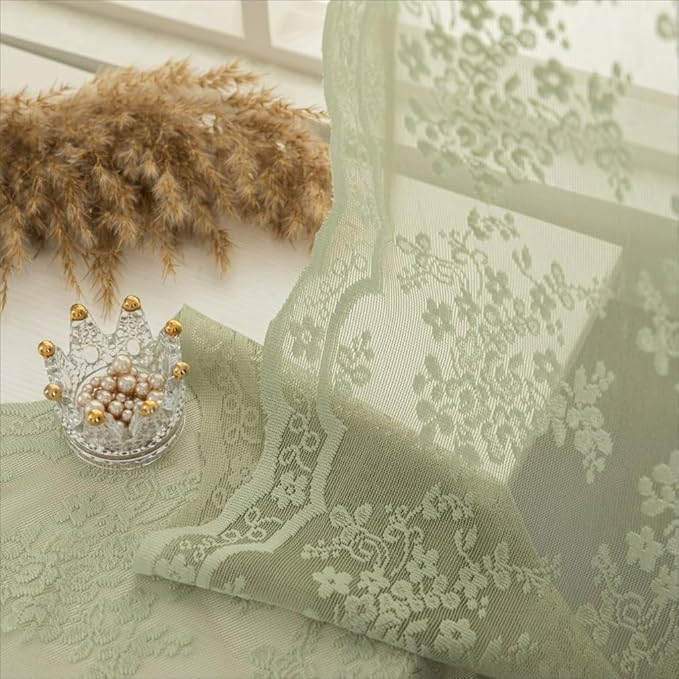 YJ YANJUN Vintage Lace Curtains -Victorian Floral Sage Green 102 inches Curtains for Bedroom Sliding Glass Door Light Filtering Bohemian Farm House Cottage Core Decor Total 104 Wide 12 FT Long
