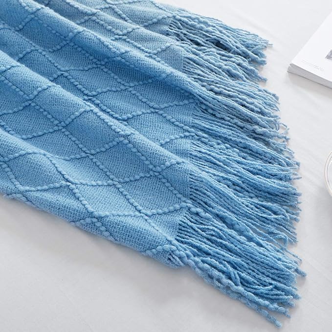BOURINA Blue Throw Blanket 50 x90 Inches Throw Textured Solid Soft Sofa Throw Bed Runner Couch Cover Knitted Decorative Blanket Bed Runner