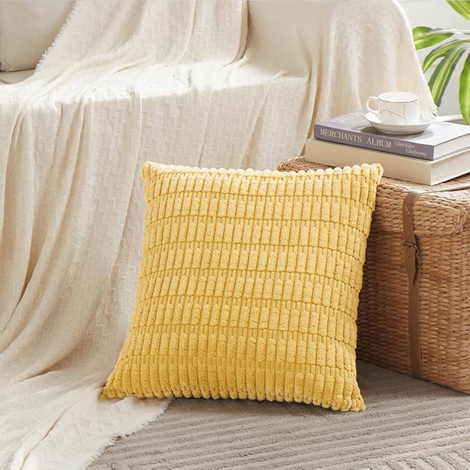 Fancy Homi 4 Packs Yellow Spring Decorative Throw Pillow Covers 16x16 Inch for Living Room Couch Bed Sofa, Rustic Farmhouse Boho Home Decor, Soft Striped Corduroy Square Cushion Case 40x40 cm