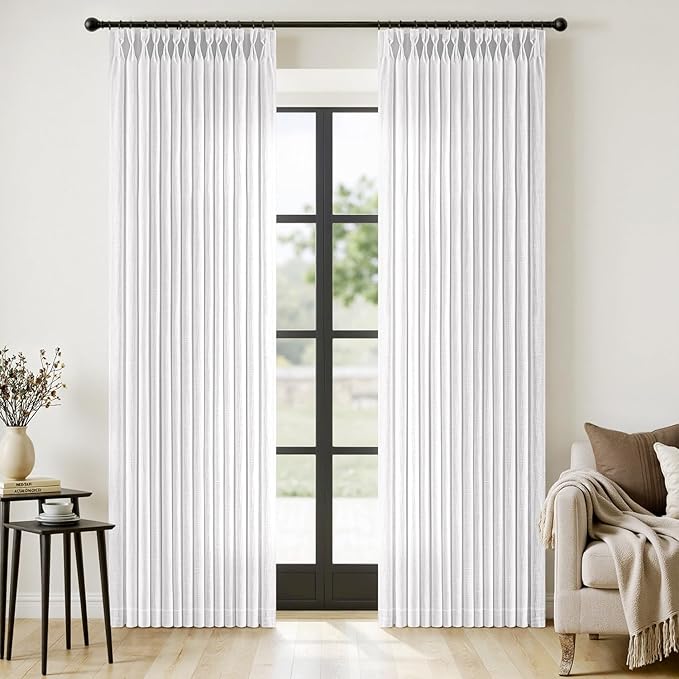 MIULEE Pinch Pleated Thick Linen Curtains 84 Inches Long 2 Panels, White Linen Texture Memory Trained Drapes for Living Room Bedroom, Pinch Pleat Light Filtering Farmhouse Window Curtains with Hooks