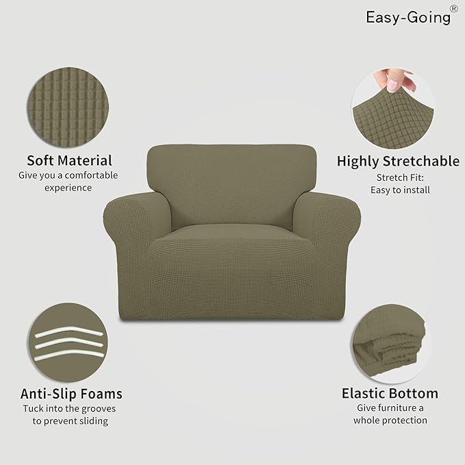 Easy-Going Stretch Oversized Chair Sofa Slipcover 1-Piece Couch Sofa Cover Furniture Protector Soft with Elastic Bottom for Kids Spandex Jacquard Fabric Small Checks Khaki