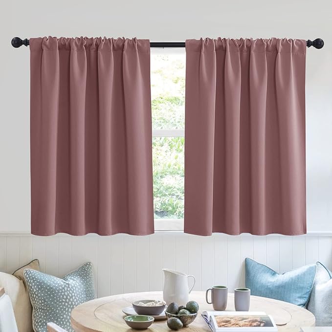 RYB HOME Blackout Privacy Bathroom Window Curtains, Short Thermal Insulated Heat Blocking Privacy Rod Pocket Half Window Curtain Tiers for Nursery Bedroom, Width 42 by Length 30, Dusty Rose, 2 Panels