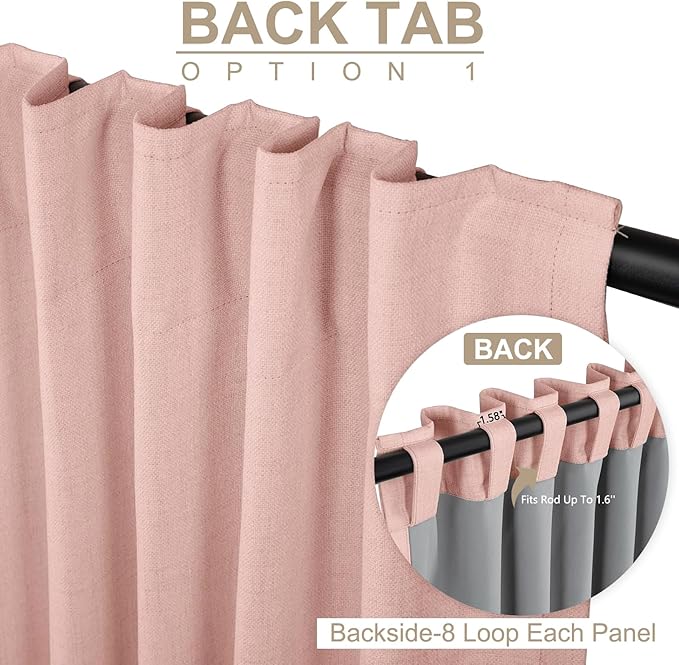 100% Blackout Shield Linen Blackout Curtains for Bedroom 108 Inches Long, Back Tab/Rod Pocket Living Room Drapes, Thermal Insulated Blackout Curtains 2 Panels Set, 50" W x 108" L, Blush Pink