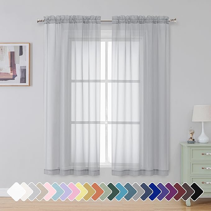 Simplebrand Light Grey Sheer Curtains 63 Inch Length 2 Panels, Rod Pocket Solid Color Window Sheer Curtain Panels, Elegant Curtains & Drapes for Living Room, Bedroom 2 Panels (42" W x 63" L)