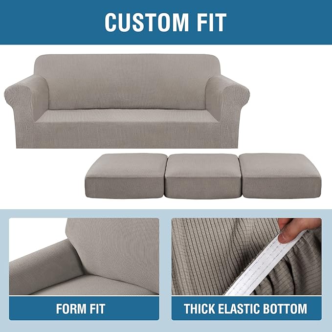 H.VERSAILTEX 4 Piece Stretch Sofa Covers for 3 Cushion Couch Covers for Living Room Furniture Slipcovers (Base Cover Plus 3 Seat Cushion Covers) Upgraded Thicker Jacquard Fabric (Sofa, Taupe)