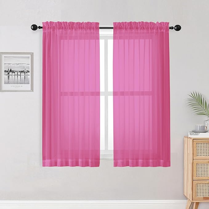 OWENIE Hot Pink Sheer Curtains for Bedroom Living Room 54 Inch Length 2 Panels Set, Soft Solid Light Filtering Sheer Short Curtains for Small Window, 2 Pcs Total 84 Width 54 Long, Hot Pink