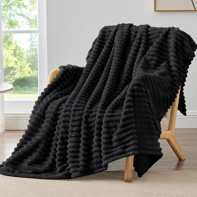 BEDELITE Fleece Throw Blanket for Couch - 300GSM Soft & Warm Fluffy Black Blanket, Decorative and Giftable Striped Blankets for Women, Men, 50"x70"