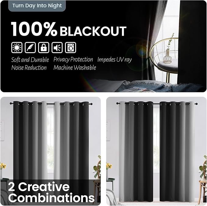 SimpleHome Ombre 100% Blackout Curtains for Bedroom, Full Light Blocking Black and Greyish White Curtains, Thermal Insulated Grommet Window Drapes for Living Room,2 Panels, 42x63 inches Length